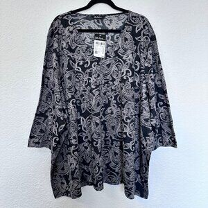Ulla Popken Paisley Print Flowy 3/4 Sleeve Top Size 32/34 US New NWT Black Gray